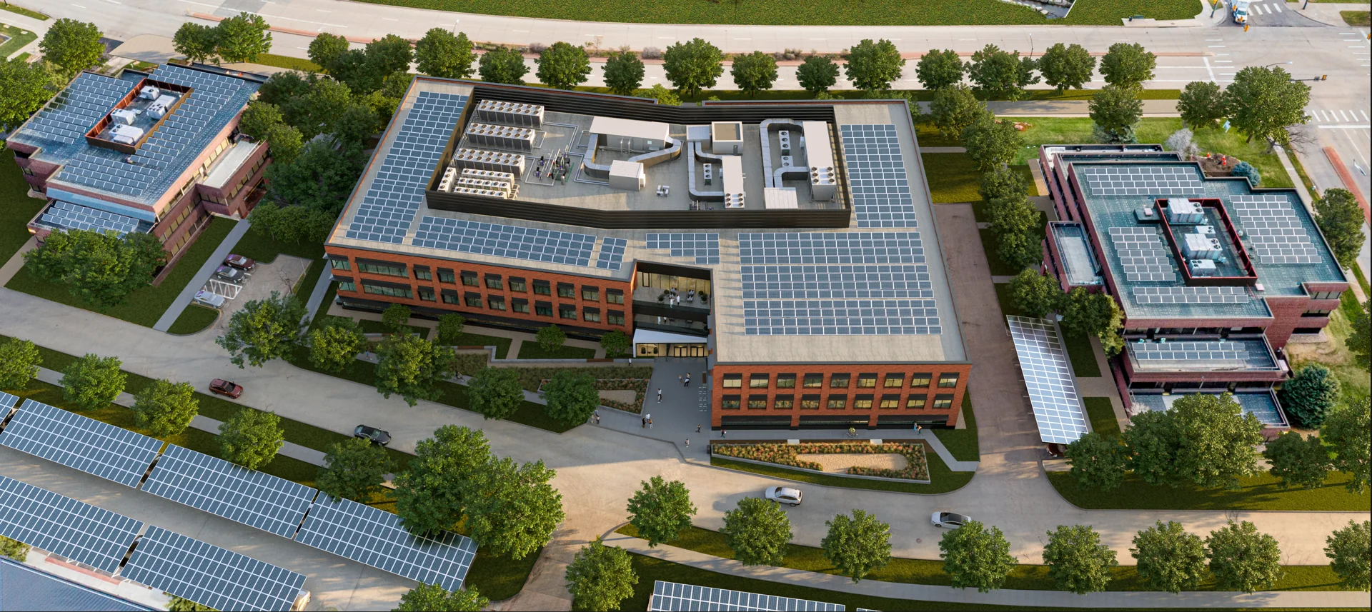 Aerial rendering showing the building within the campus.