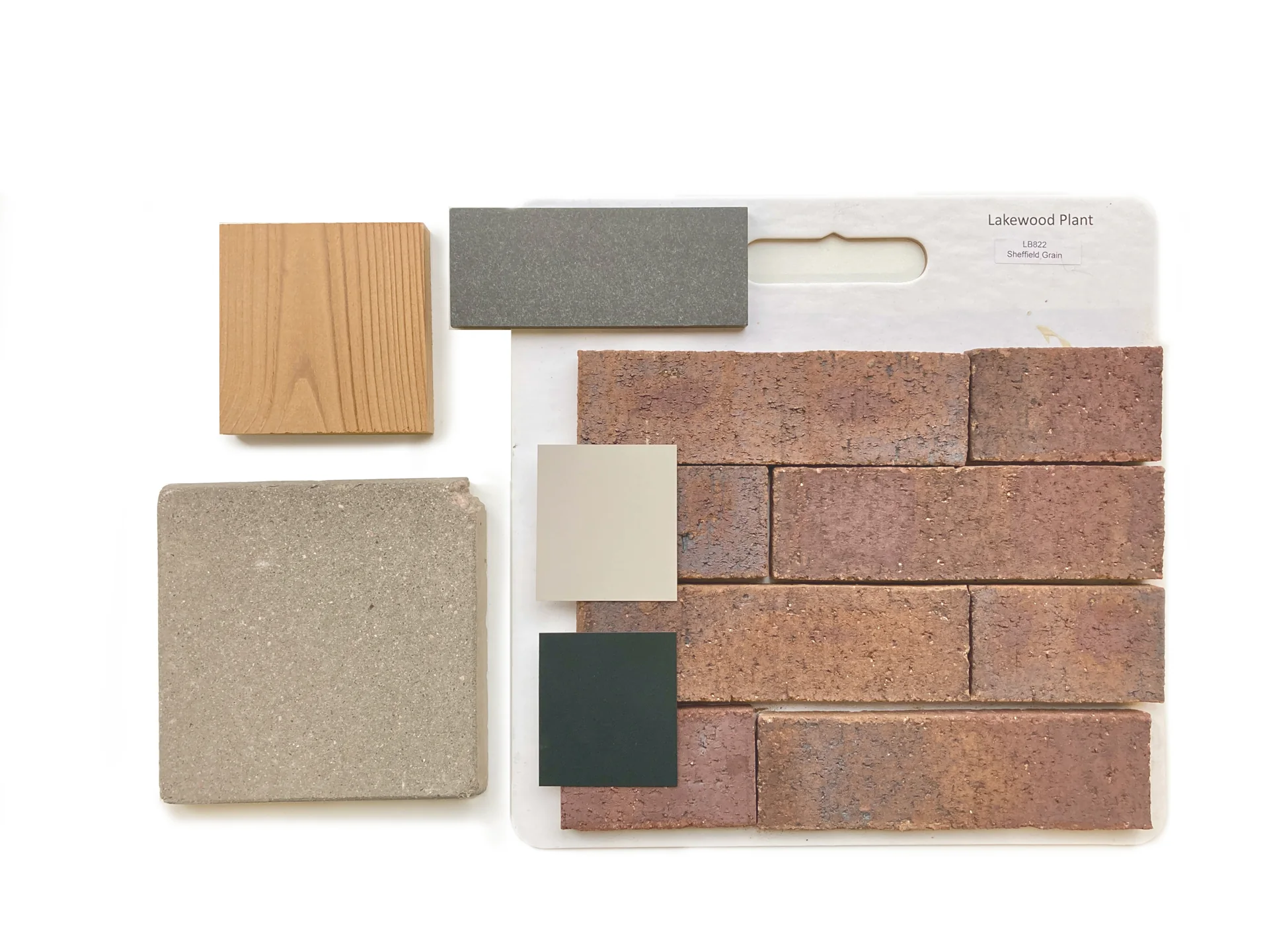 Exterior material study: brick, metal, glass, and wood.