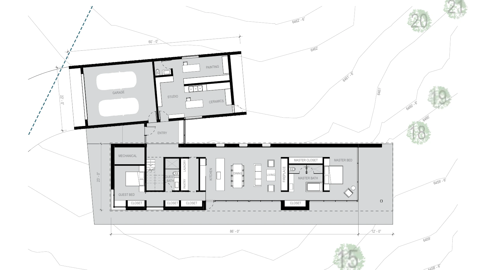 Main floor plan, including the garage and studio.