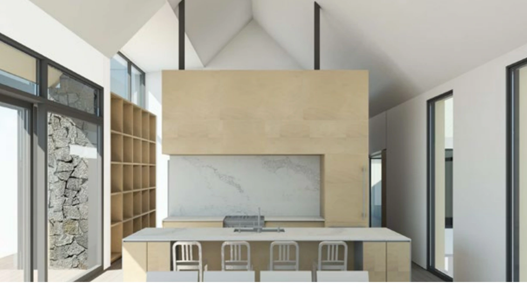 Interior rendering and the proposed material palette.