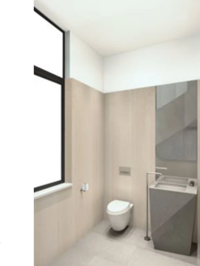 Folded Basaltina stone defines the powder-room vanity.